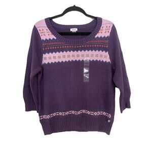 Izod Pink Purple 80s Style Three Quarter Sleeve Winter Fair Isle Cozy Sweater L
